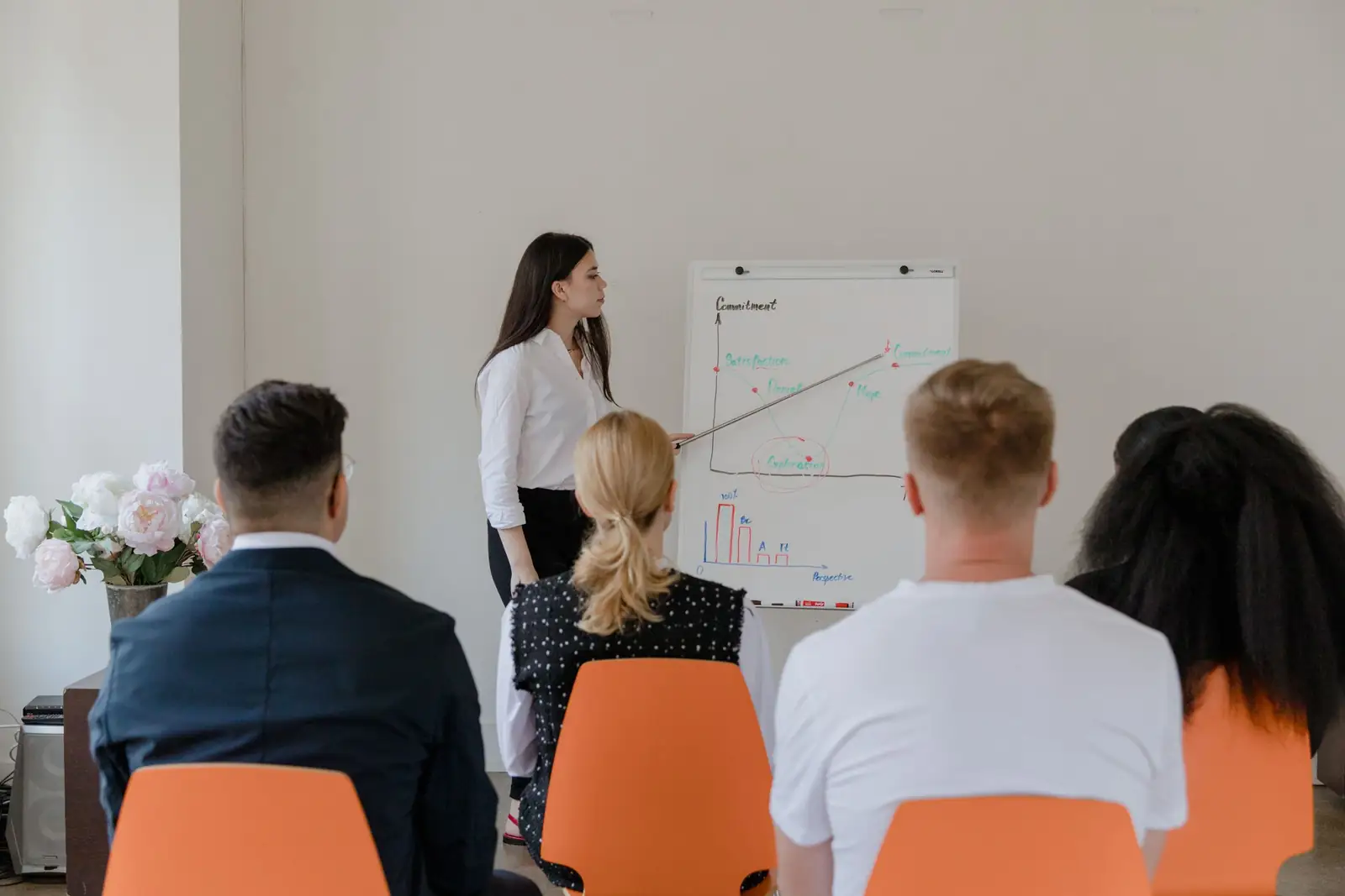 A strategist walks colleagues through a plan on a whiteboard